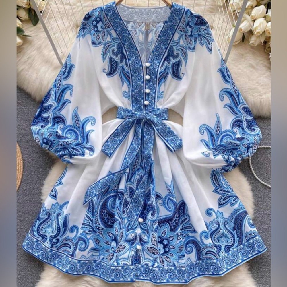 SHEIN White and Blue Paisley Long Sleeve Dress